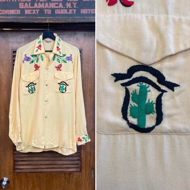 Vintage 1950’s Cactus Floral Embroidery Rayon Gab Western Cowboy Rockabilly Shirt, 50’s Vintage Clothing 
