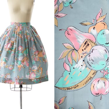 Vintage 1950s Skirt | 50s Fruit Food Novelty Print Blue Cotton High Waisted Full Swing Skirt (x-small) 