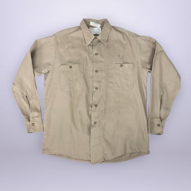 VINTAGE 40s Men's Tan Herringbone Twill Work Shirt 47 Chest Distressed  | 1940s Real Used Work Wear | VFG 