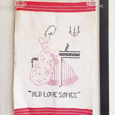 1930s Cross-Stitch Panel Lady at Piano / 30s Vintage Linen Old Love Songs Pink Black Red Pianist Romantic 