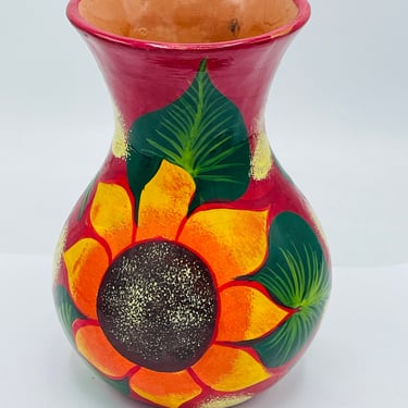 Talavera Style Folk Art Hand-painted Red Clay Vase with Sunflowers Mexican Art 