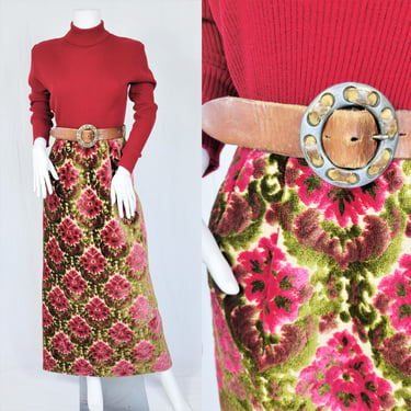 1970's Green Pink Floral Print Long Carpet Fabric Maxi Skirt I Sz Med I Nelly de Grab 