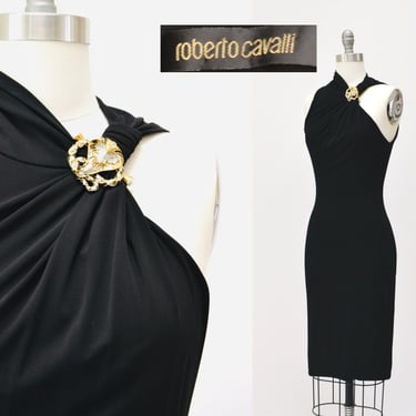 Vintage y2k Black Roberto Cavalli Knit Dress XS Small // ROBERTO CAVALLI Black Sleeveless Knee-Length Dress with Snake Pendant Size 40 Small 