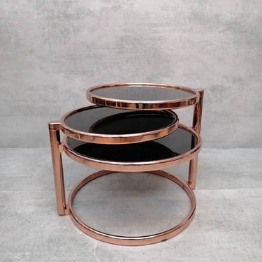 Mid-century rose gold and black glass 3-tier swivel coffee table by Milo Baughman bauhaus 