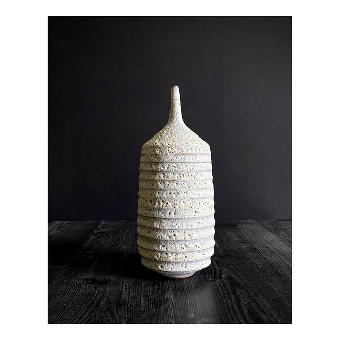 SHIPS NOW- Stoneware Ribbed Bottle Vessel with White Textural Crater Glaze 