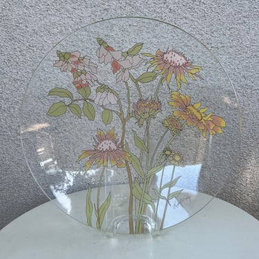 Vintage Dorothy Thorpe MCM floral round clear glass tray shallow bowl wild flowers signed 