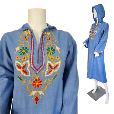 1970's Hooded Chambray Blue Embroidered Indian Cotton Caftan Dress I Sz Med I Beach Cover Up 