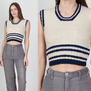 70s Cropped Knit Sweater Vest - XXS | Vintage Cream Navy Blue Striped Crop Top 