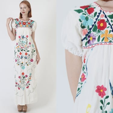 Traditional White Cotton Mexican Dress Long Hand Embroidered Birds Cover Up Summer Beach Sundress 