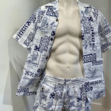 Vintage 1970'S Cabana Beach Set - NAPILI Label - MADE in HAWAII - Printed Cotton Blend - Coconut Buttons - Shirt Large - Trunks 30-34 Inch 
