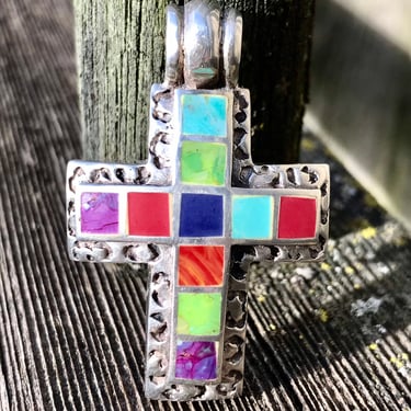 Vintage Sterling Silver Cross Pendant  Native American Stamped SE 925 Colorful Enamel Accents 
