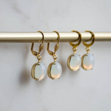 white opal earrings, moonstone earrings, bridal bridesmaid wedding jewelry, Regency Art Deco huggie hoop drop earrings, gift for her 