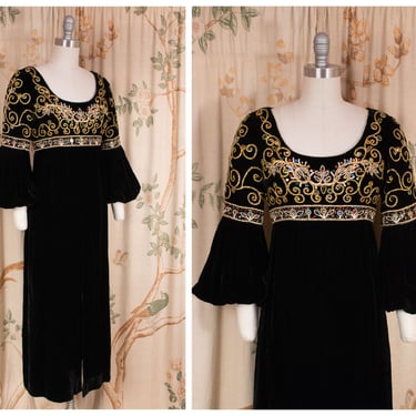 1970s Dress - Bejeweled Vintage 70s Medieval Revival Velvet Maxi Dress with Golden Soutache and Multicolored Rhinestones 