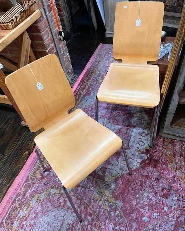 Stackable bent wood and chrome chairs. 3 available. 18” x 18” x 33.5” x16.5” 