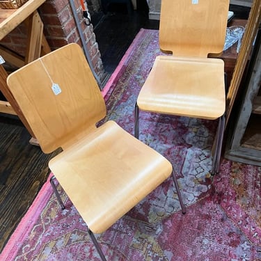 Stackable bent wood and chrome chairs. 3 available. 18” x 18” x 33.5” x16.5” 