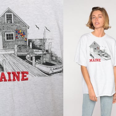 Maine Shirt Fishing T Shirt 90s TShirt Grey Fisherman Shirt Vintage Retro Graphic Shirt Screen Print 1990s t shirt Extra Large xl 