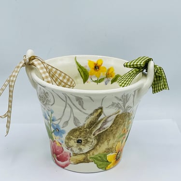Maxcera Bunny Spring Rabbit Easter Ceramic Bucket Planter Pail Garden Pot Flower- Chip Free 