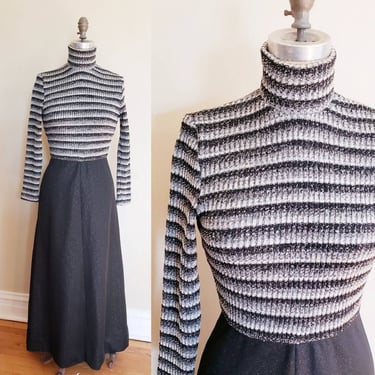 1970s Gray Black Maxi Dress Striped Turtleneck / 70s Long Sleeved Acrylic Knit Dress Caron Chicago / S 