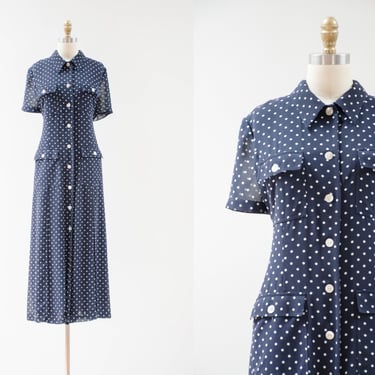 navy blue polka dot dress | 80s 90s vintage cute cottagecore loose oversized chiffon dress 