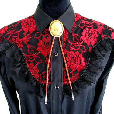 Miss Rodeo America Vintage Western Women's Cowgirl Shirt, Rodeo Blouse, Red & Black Lace Yokes, Approx. Medium (see meas. photo) 