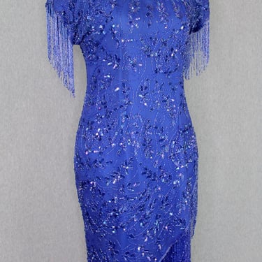 1980s Royal Blue Beaded Cocktail Dress - Sequin Trophy Dress, Party Wear, Black Tie- Size 6/8 