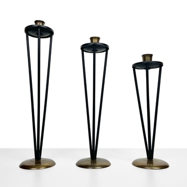 Modernist Black Enameled Metal and Brass Candleholders - Set of 3 