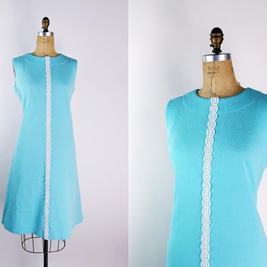 60s Turquoise MOD Mini Dress / 60s Dress / 1960s Textured Polyester Dress / Size S/M 
