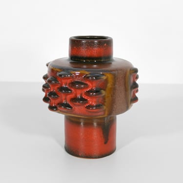 Red Vintage Brutalist Dieter Peter Carstens Tonnieshof Glazed Relief Beehive Luxus Ceramic Vase West German Pottery Art Sculptural Fat Lava 