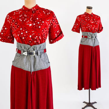 1980s Gray Denim Midi Skirt | 80s Red Houndstooth & Gray Denim Skirt | Chaus Sport | Size 8 