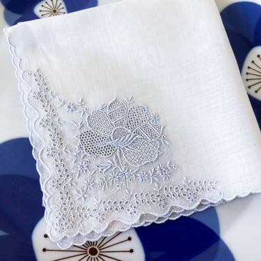 Vintage wedding hanky. White embroidered bridal handkerchief, Something old and blue, traditional keepsake for the bride to be. 