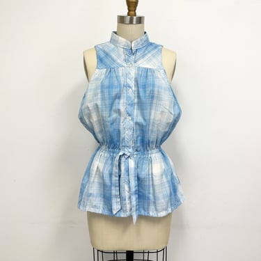 Vintage 70s Plaid Top | Blue and White Shot with Silver | Tie at Elastic Waist | Size 11 