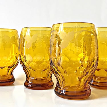 Vintage amber glassware set Georgian thumbprint glasses, 20 oz Water or beer goblets, Large etched harvest gold glass tumblers 