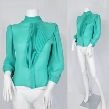 1980's Sheer Mint Green Poly Accordian Fan Pleated Collar Blouse I Shirt I Top I Sz Med I At Once 