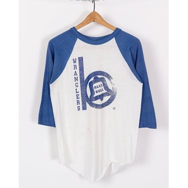 70s Wrangler Blue Bell Baseball Tee - Men's Medium | Retro 3/4 Sleeve Distressed Felt Graphic Raglan T Shirt 