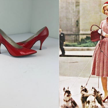 Fireworks At Her Feet - Vintage 1950s Lipstick Red Pearl Leather Two Tone Stiletto Heels Pumps - 7 1/2B 