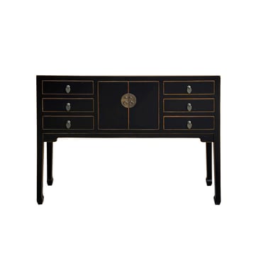 Oriental Black Lacquer Tall Moon Face 6 Drawers Slim Foyer Table cs7567E 