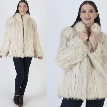 80s SAGA Fox Coat With Pockets, Striped Sleeve Real Fur Jacket, Arctic Ivory Corded Design, Plush Apres Ski Overcoat 