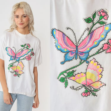 Floral Butterfly Shirt 90s Flower T-Shirt Neon Glitter Paint Graphic Tee Retro White Garden TShirt Single Stitch 1990s Vintage Medium 