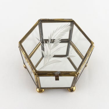 Vintage Glass and Brass Lidded Box, Clear Etched Glass Hexagon Box, Footed Jewelry Casket with Hinged Lid, Small Display Box 