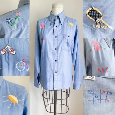 Vintage 1970s Denim Chambray Shirt with novelty embroidery / M 