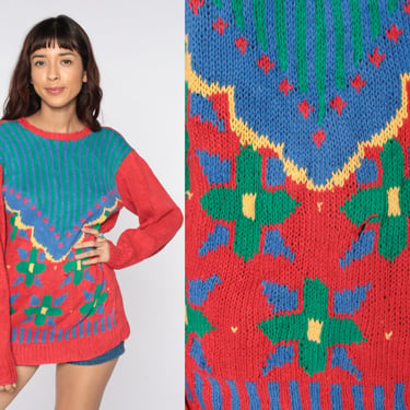 Geometric Sweater 90s Knit Pullover Red Blue Green Grunge Slouchy