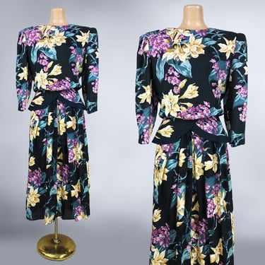 VINTAGE 80s Black Floral Rayon Blouson Garden Party Dress by Lisa II Size 14 | 1980s Romantic Blousy Peplum Midi Dress Plus Size Volup | VFG 