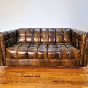 Mid Century Vinyl Low Profile Tufted Sofa 