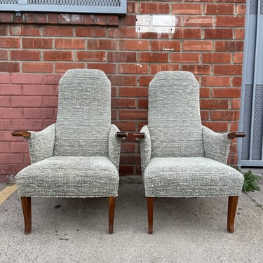 Pair of Mid Century Armchairs Lounge Chairs MCM Danish Modern Sling Seating Wood Vintage Retro High Back Living Room Cu Furniture 