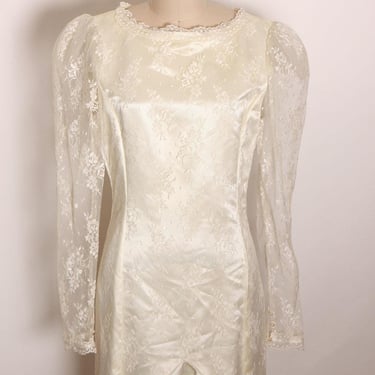 1980s Champagne Cream Off White Lace and Satin Sheer along Sleeve Mermaid Wedding Dress -S 