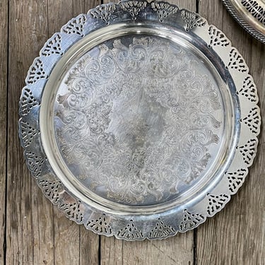 Gorgeous Vintage Metal Tray 12.75" Diameter Round Tray | Scalloped Ruffled Edge Pierced Fan Pattern Round Large Silver Serving Tray | Etched 