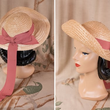 1940s Hat - Vintage 40s Summer Sunhat of Pale Blonde Straw with Wide Turned Up Brim 