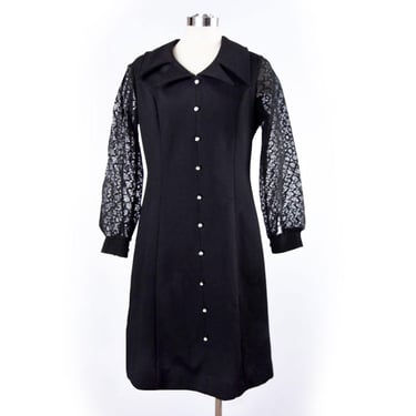 60's Black MOD Polyester Shift Dress, Vintage 1960's, 1970's Lace Long Sleeves, Evening Party Cocktail Dress, Carol Brady Bunch style Gogo 