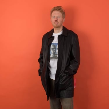Mens soft leather coat with pockets, vintage French Connection leather jacket - Medium 