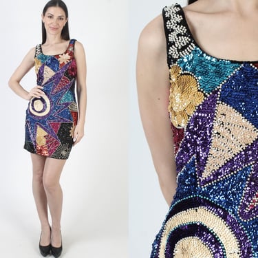 Black Beaded Dress, Bright Sequin Print, Short Cocktail Party Mini, 80s Formal Event 